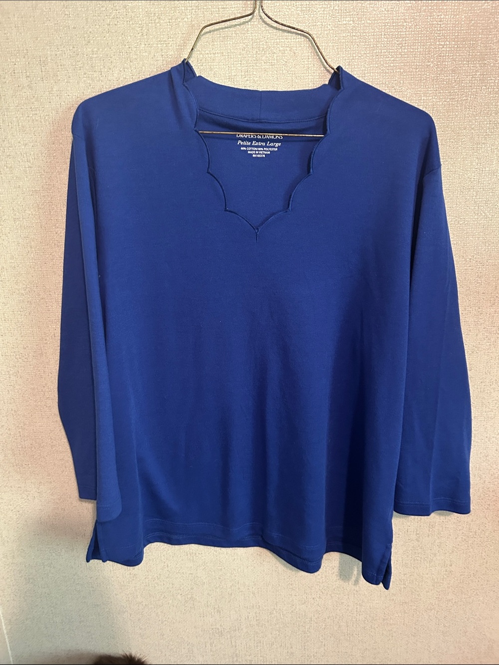 Worthington Blue Scalloped V-Neck Long Sleeve Top